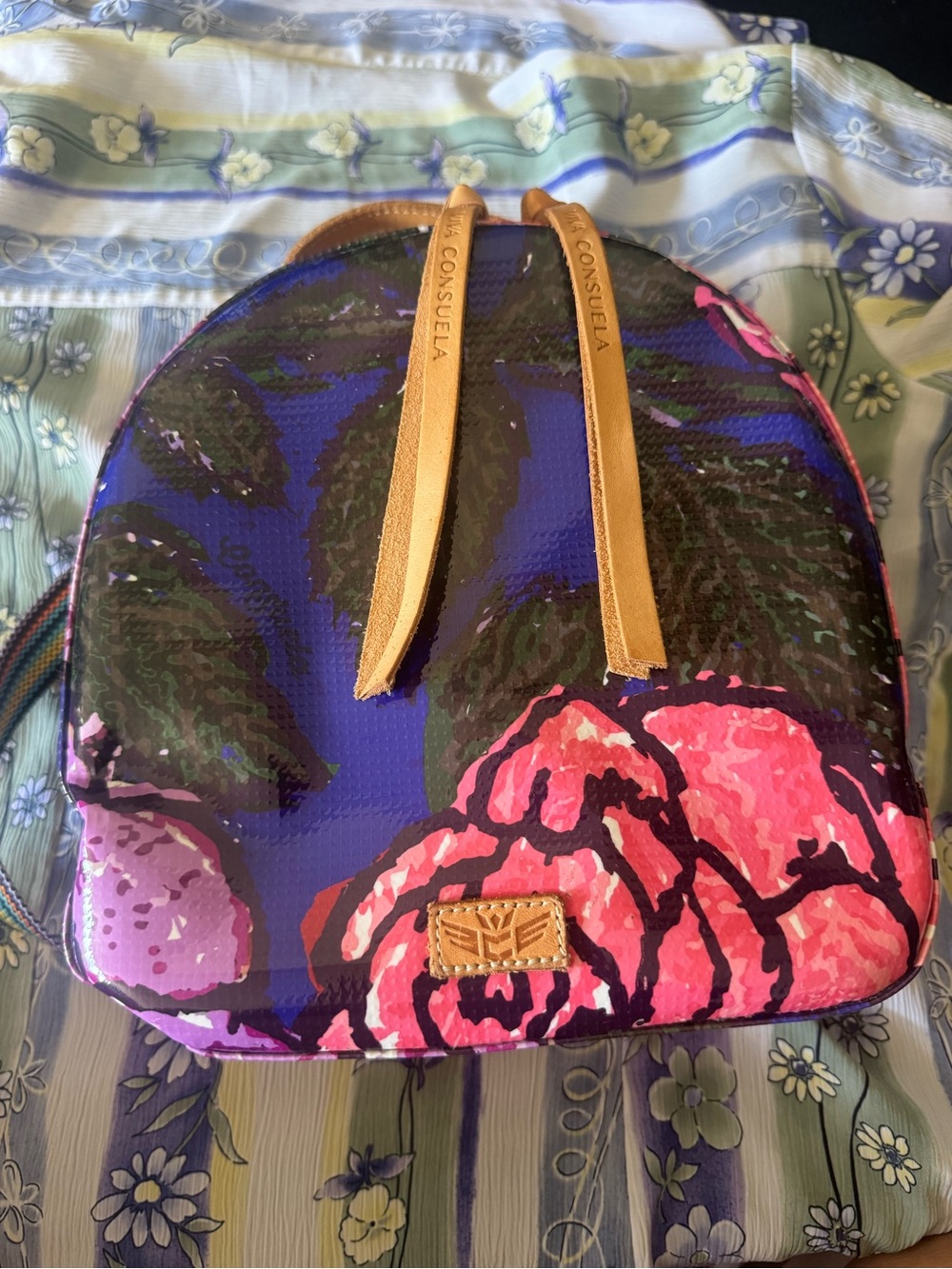Consuela Blue Floral Dome Backpack with Pink Accents